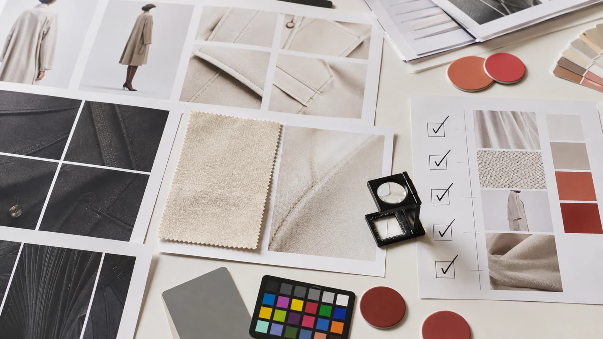 Fashion imagery review desk with garment detail proofs, fabric reference, colour target and checklist.