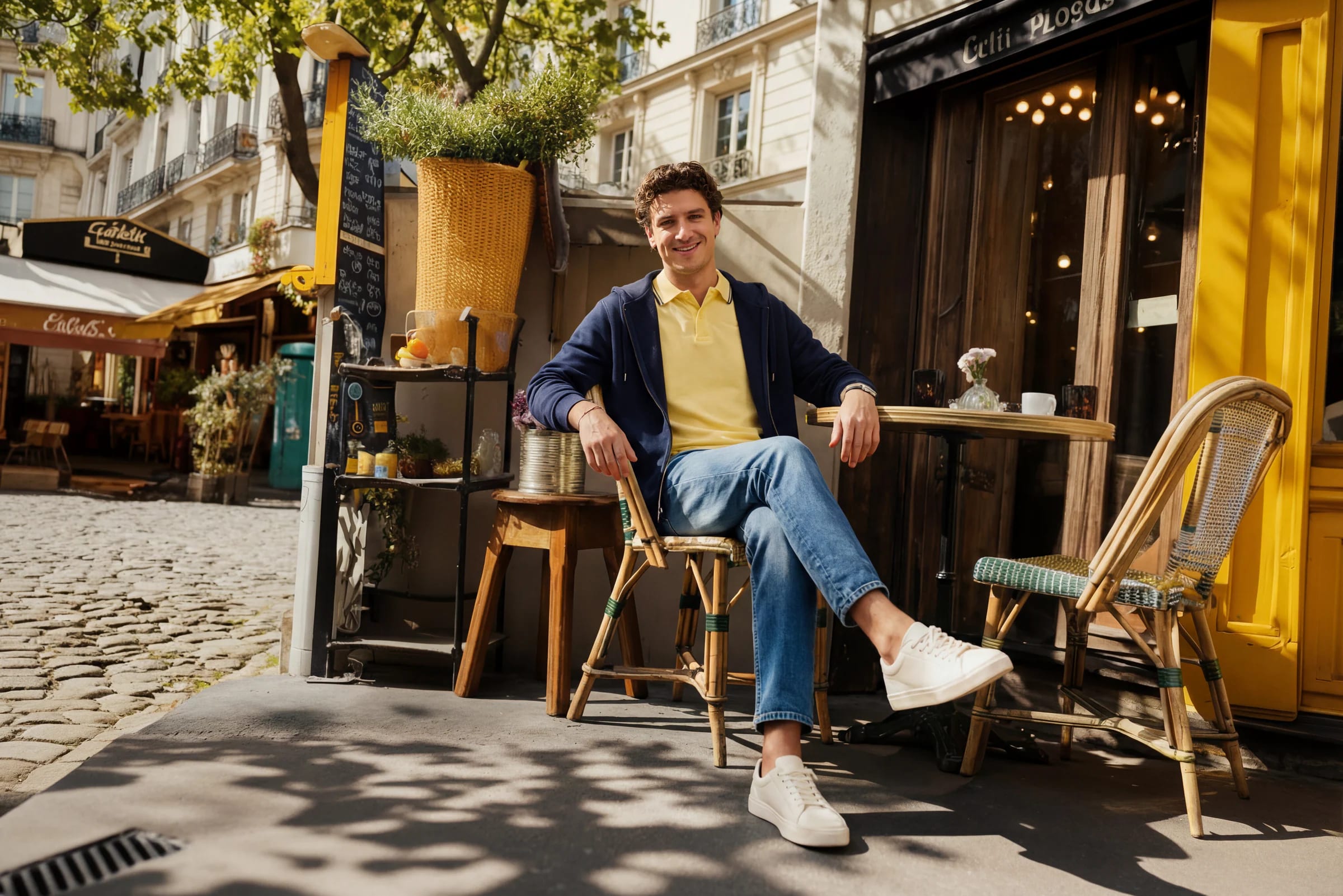 Fashion image of a man in a yellow polo and navy jacket seated outside a café