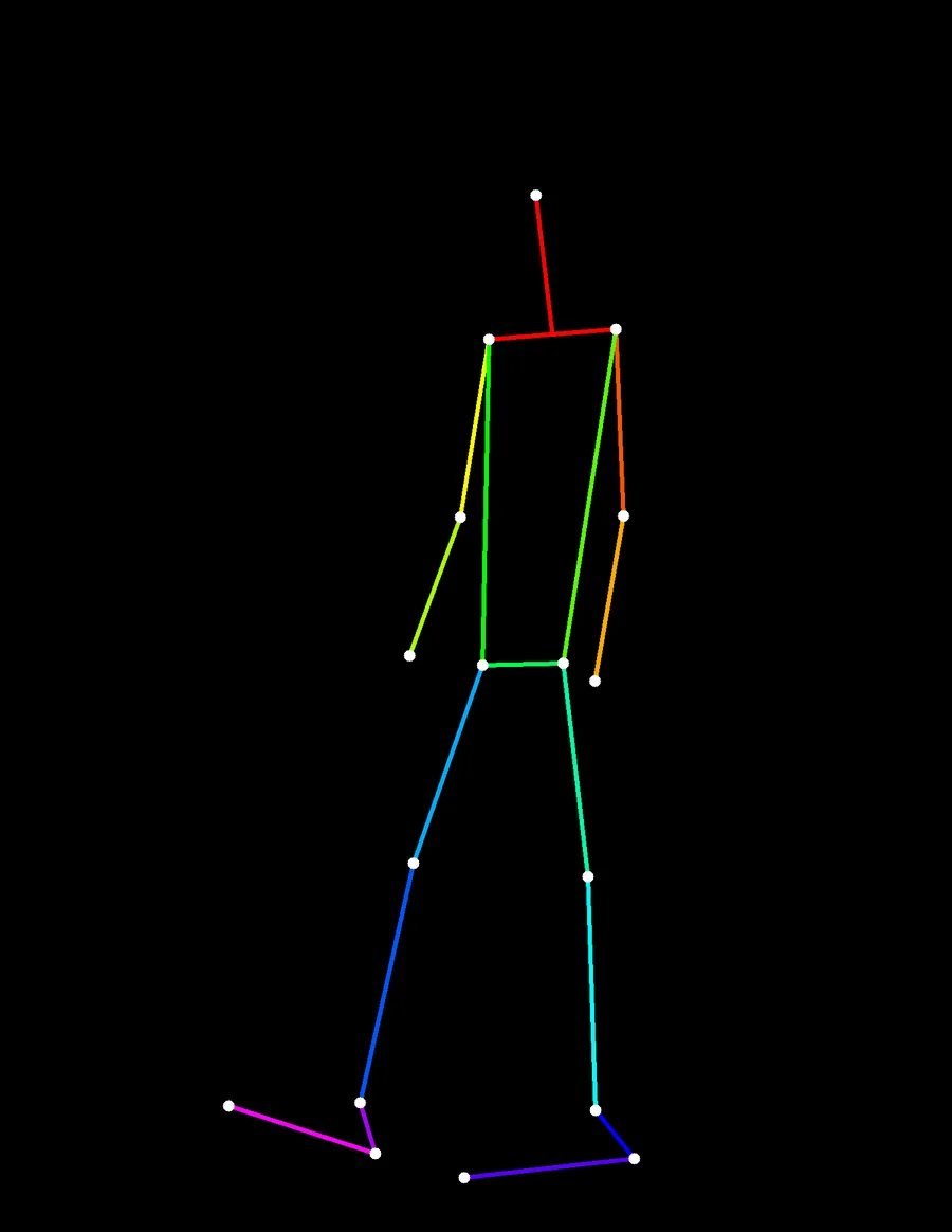 Colour-coded pose-control skeleton on a black background.