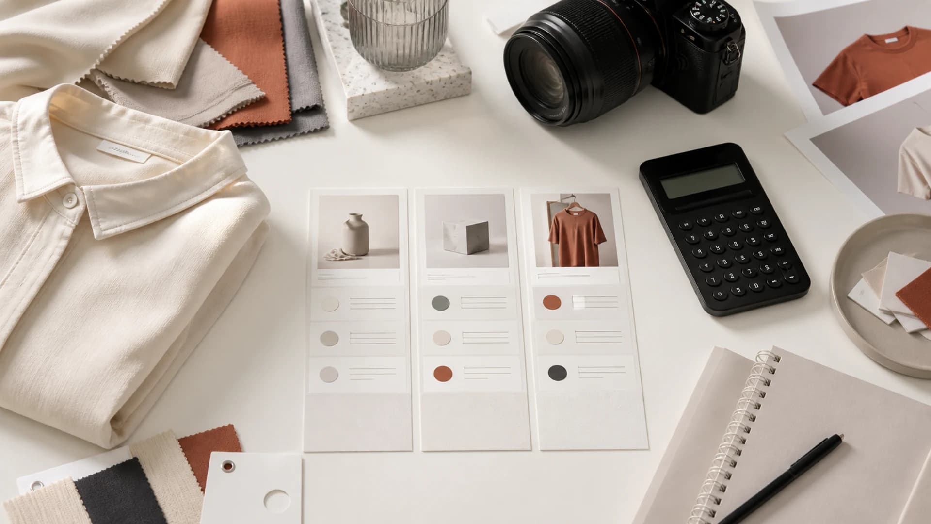 Overhead fashion production desk with a garment, fabric swatches, camera, calculator and comparison cards.